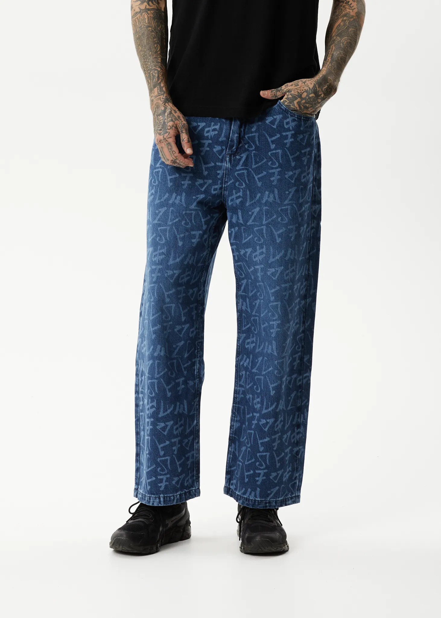 AFENDS Mens Tagged Pablo - Denim Baggy Jeans - Graffiti Blue