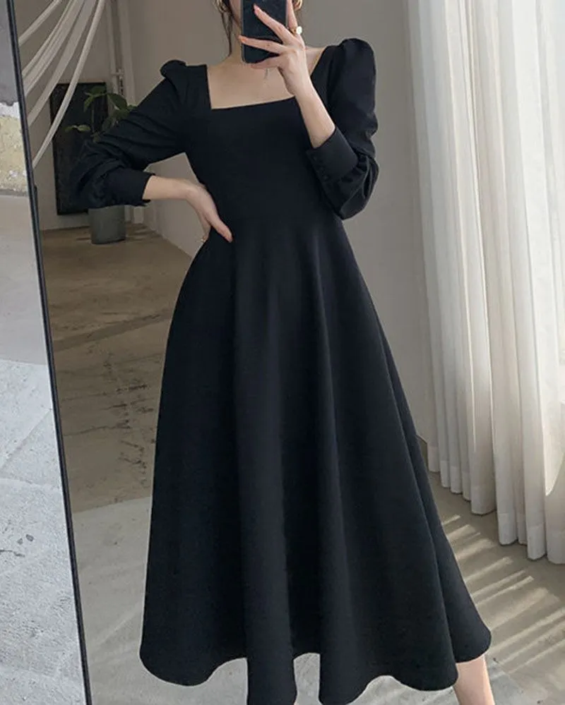 All Black Slim Puff Long Sleeve Square Neck A Line Midi Dresses That Hide Belly