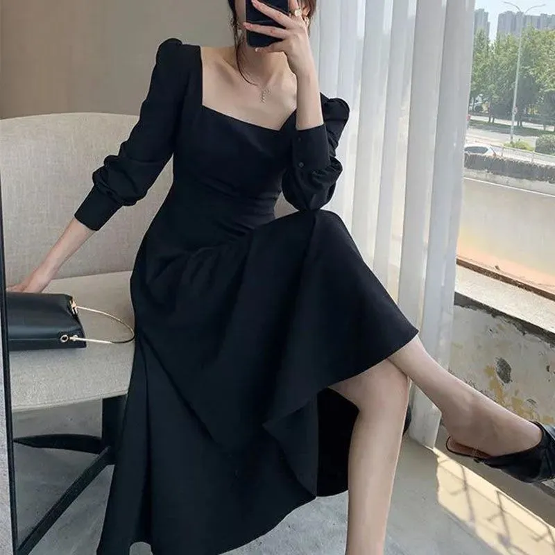 All Black Slim Puff Long Sleeve Square Neck A Line Midi Dresses That Hide Belly