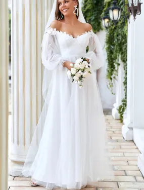 Beach Wedding Dresses A-Line Off Shoulder Long Sleeve Floor Length Tulle Bridal Gowns With Lace Insert Appliques Summer Wedding Party