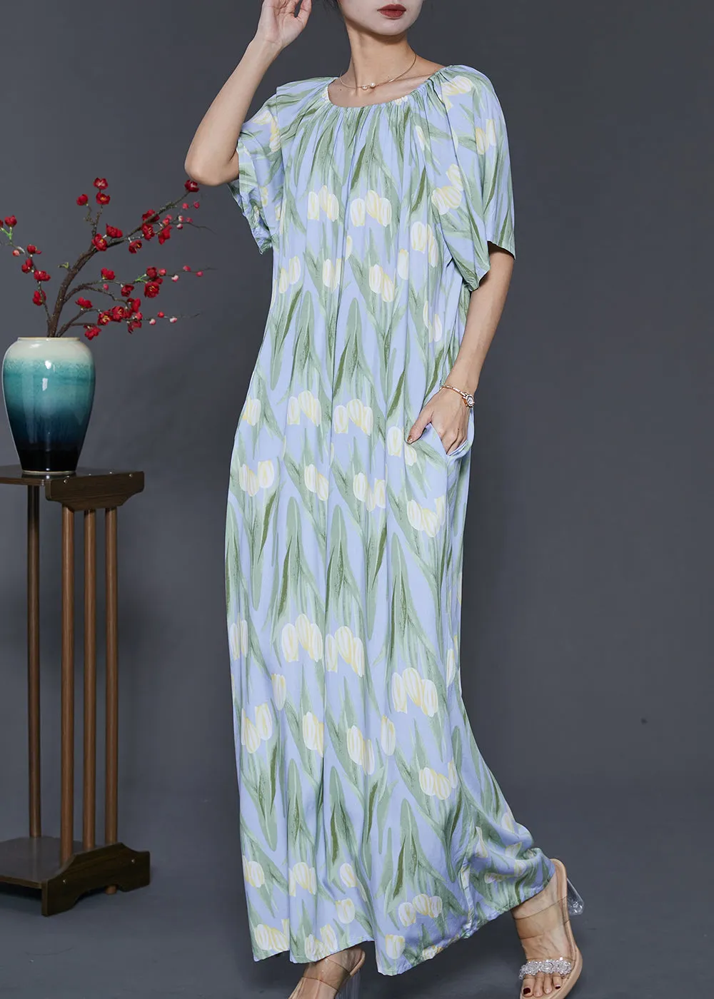 Beautiful Light Blue Print Cotton Beach Dresses Summer SD1046