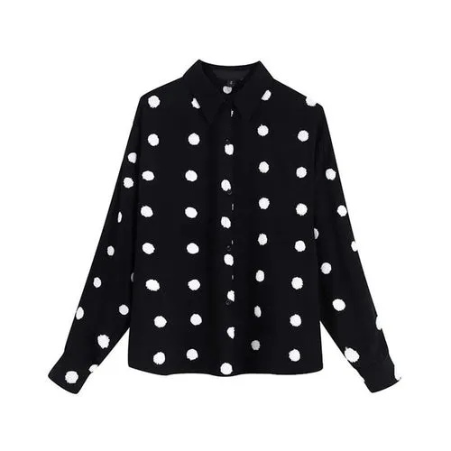 Blouse Shirt Women Embroidery Dot Top Turn Down