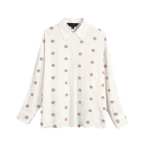 Blouse Shirt Women Embroidery Dot Top Turn Down