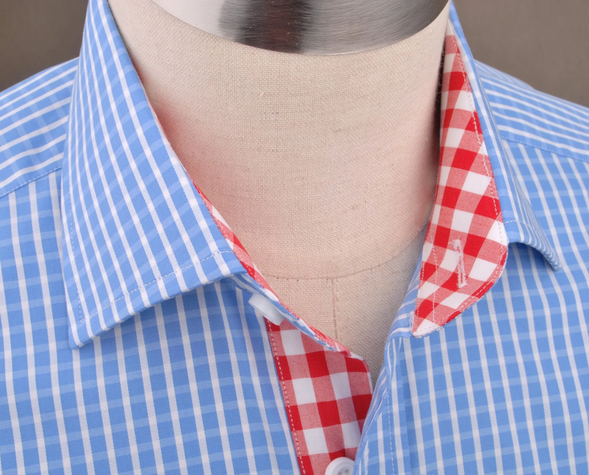 Blue Designer Gingham Check Formal Business Dress Shirt Red Checkered Fashion