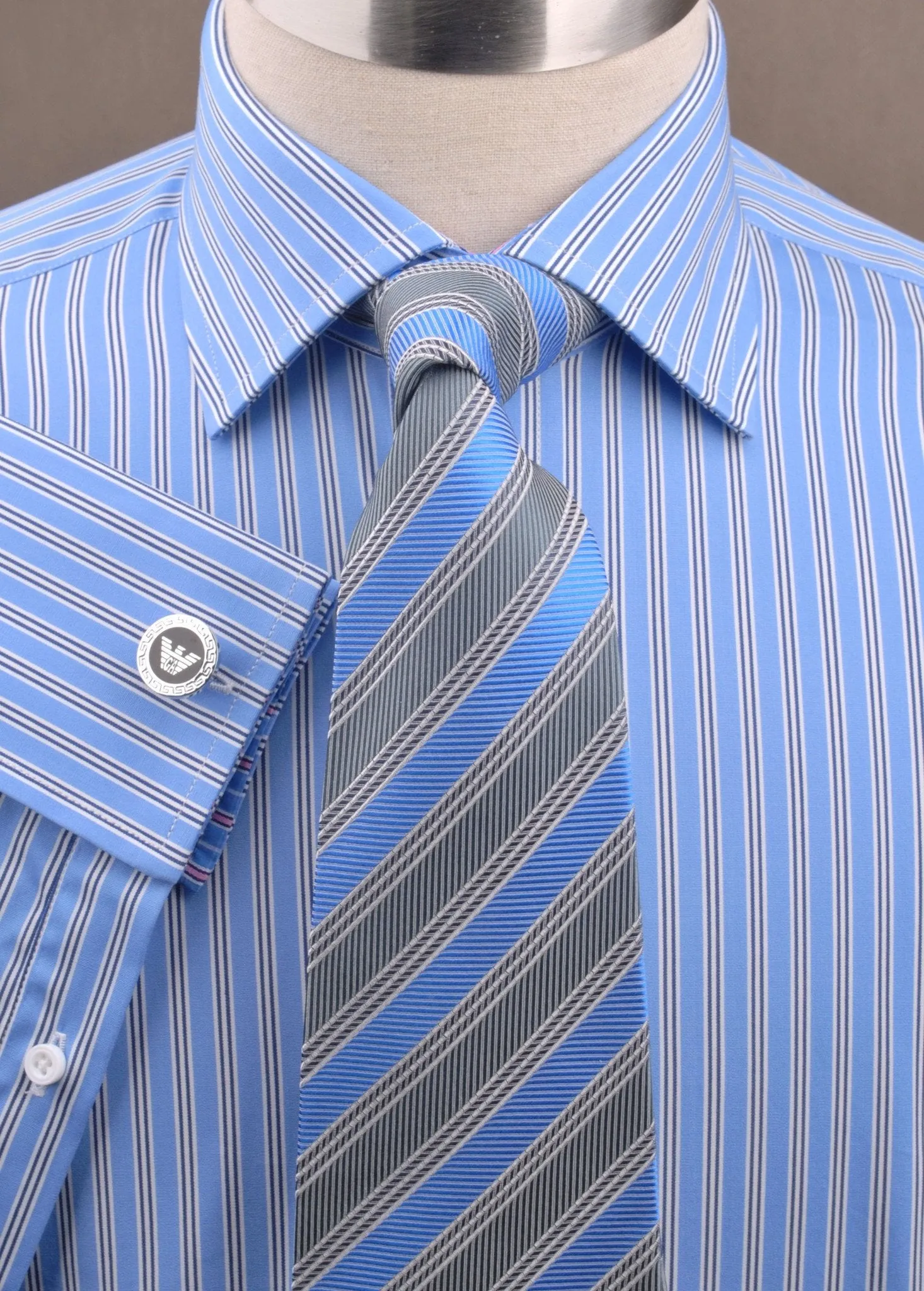 Blue Hollow Striped Formal Business Dress Shirt with Pink Designer Inner-Lining