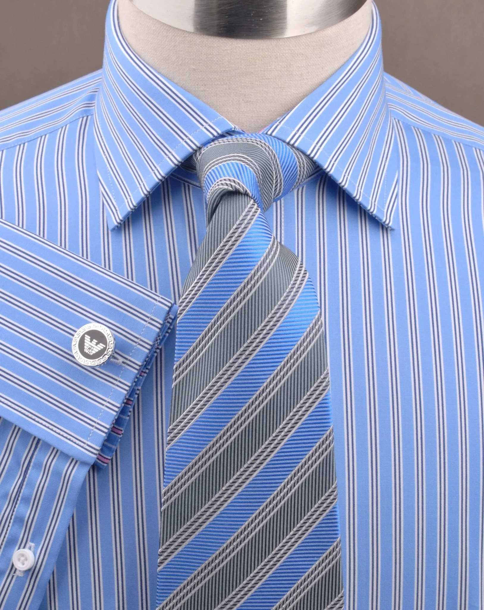 Blue Hollow Striped Formal Business Dress Shirt with Pink Designer Inner-Lining