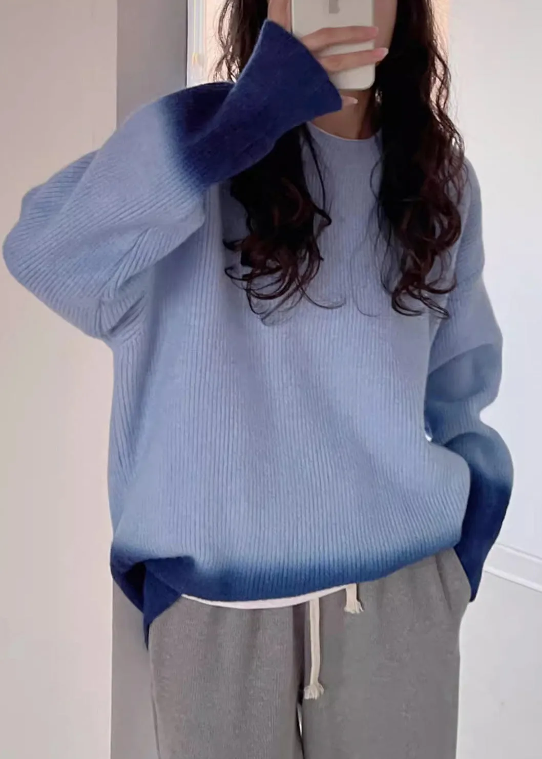 Blue O-Neck Cozy Cotton Knit Sweaters Batwing Sleeve RK018