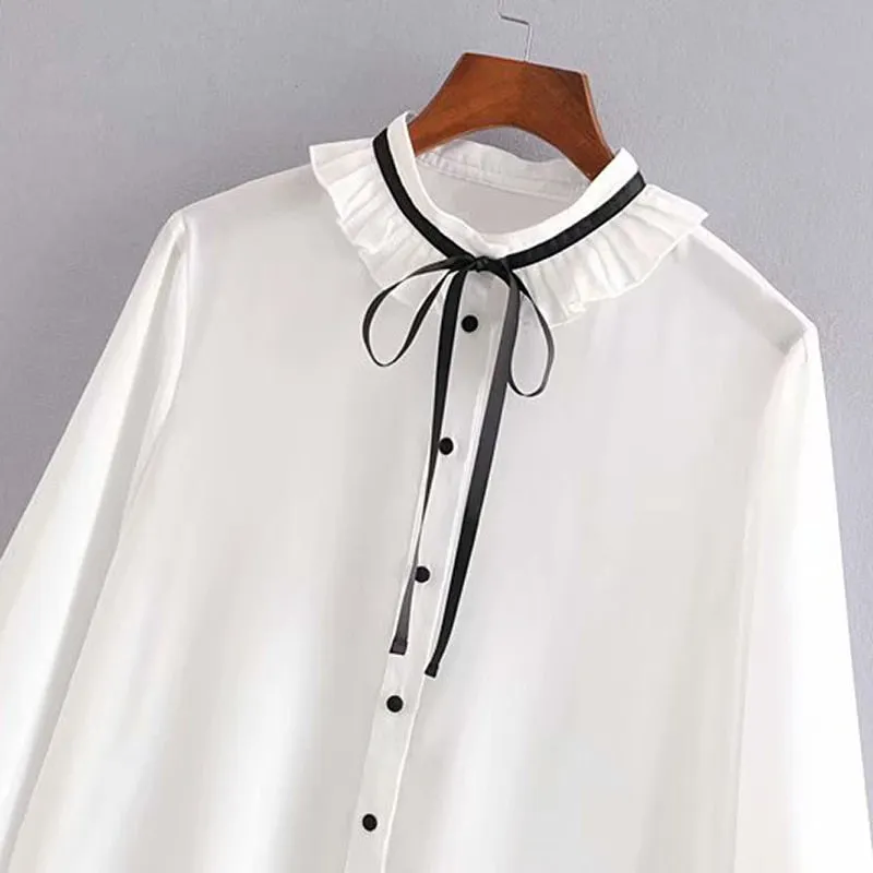 Bow Tie Sweet White Blouse Women Ruffled Long