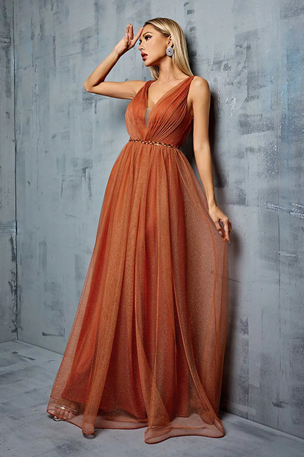 Brown A Line V Neck Spaghetti Straps Tulle Maxi Dress