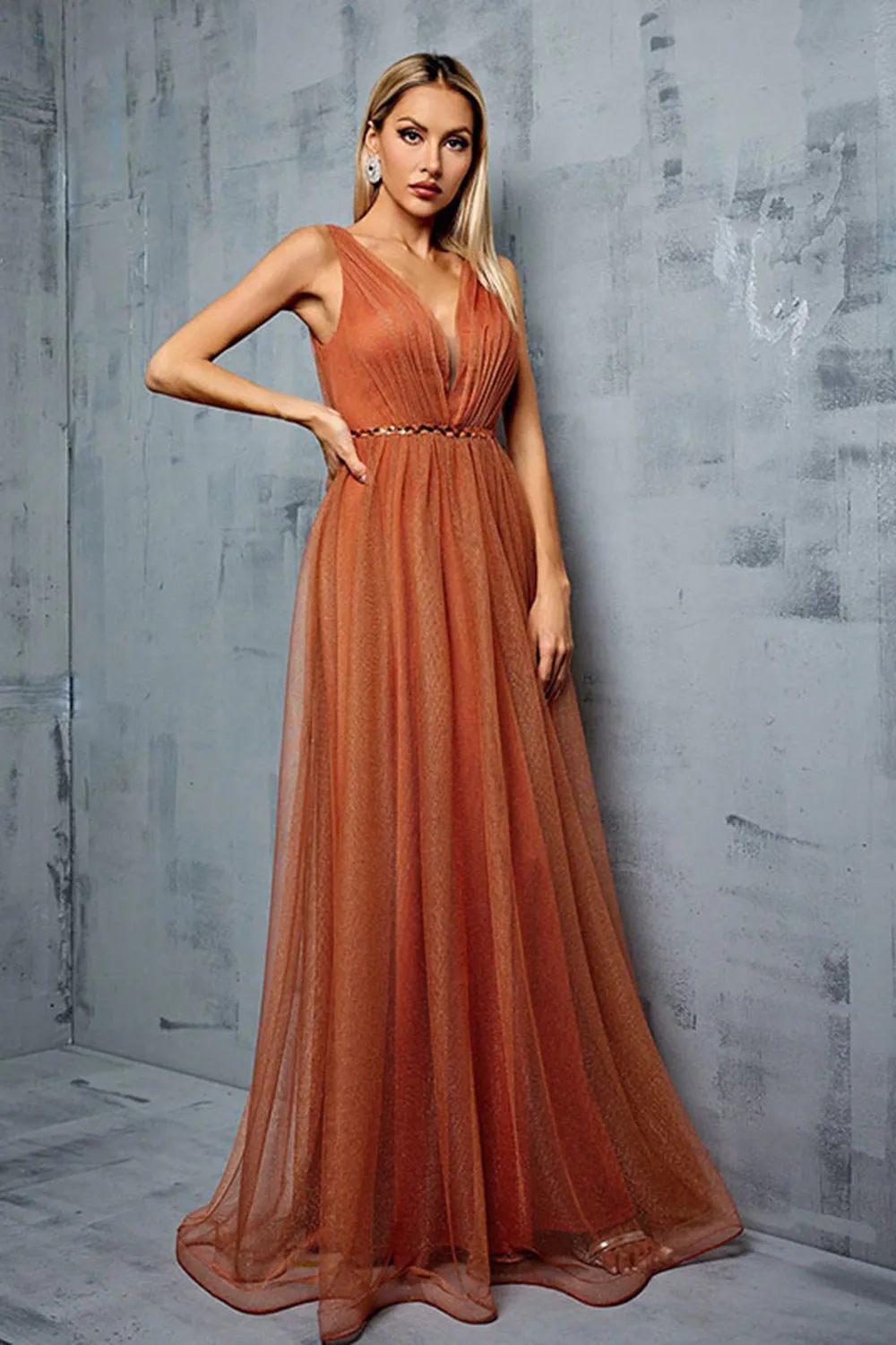 Brown A Line V Neck Spaghetti Straps Tulle Maxi Dress