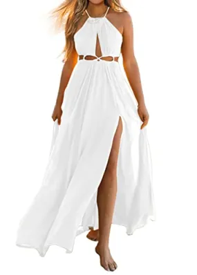 BTFBM Women 2023 Summer Sleeveless Cutout Halter Maxi Dress Backless Boho Casual Beach Party Cocktail Slit Sun Dresses(Solid White, Medium)