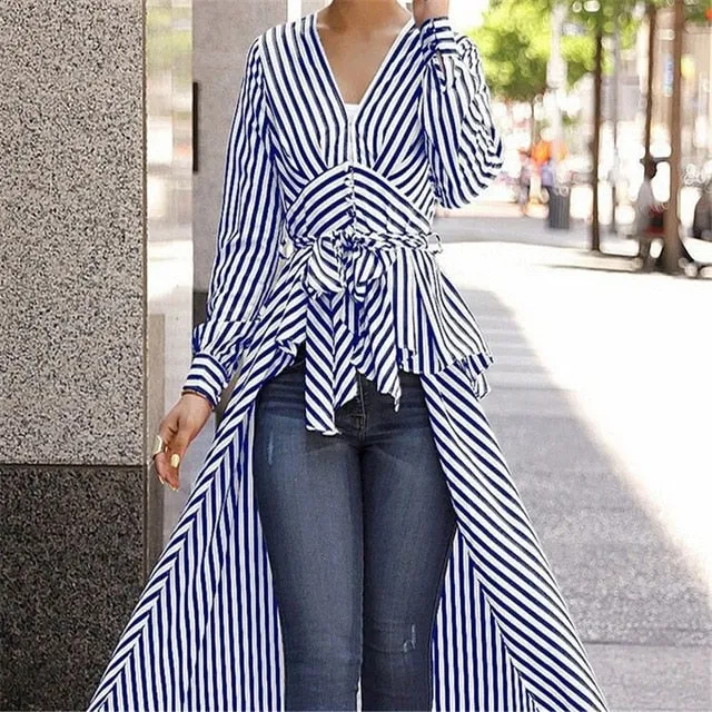 Casual Fashionable Office Women's V-neck Long Sleeve Shirts With Hem