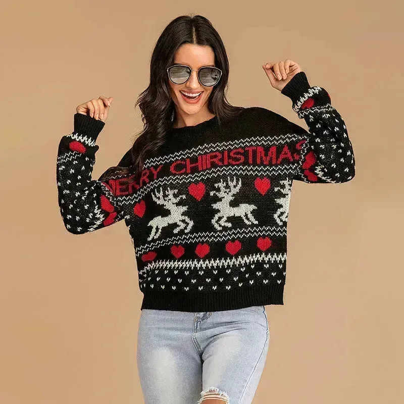 Christmas fawn Antics Reindeer Black  pullover sweater