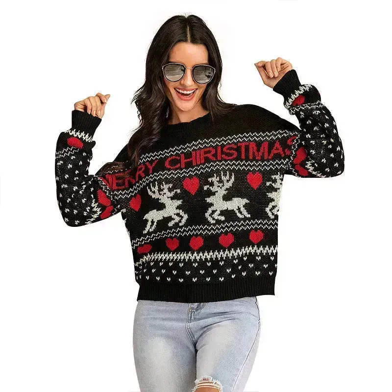 Christmas fawn Antics Reindeer Black  pullover sweater