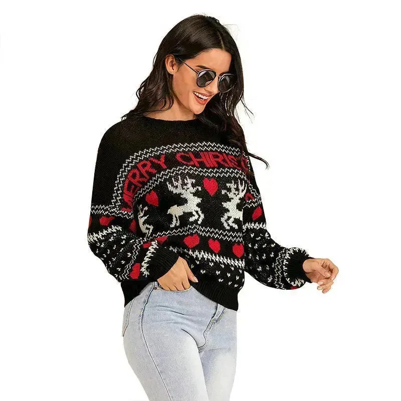 Christmas fawn Antics Reindeer Black  pullover sweater