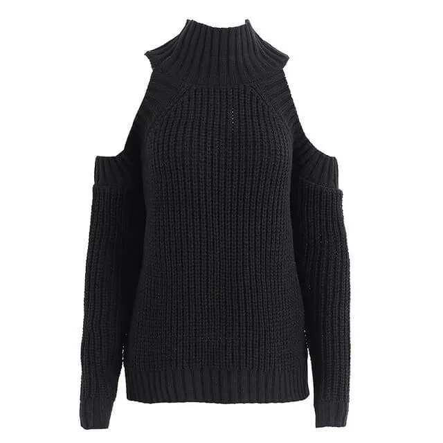 Cold Shoulder Knitted Soild Sweater