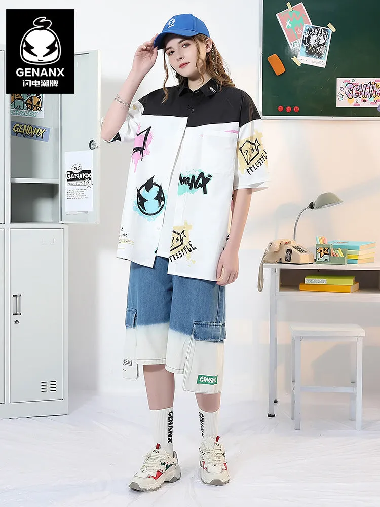 Color Block Graffiti Full Print Drop-Shoulder Sleeve Shirt