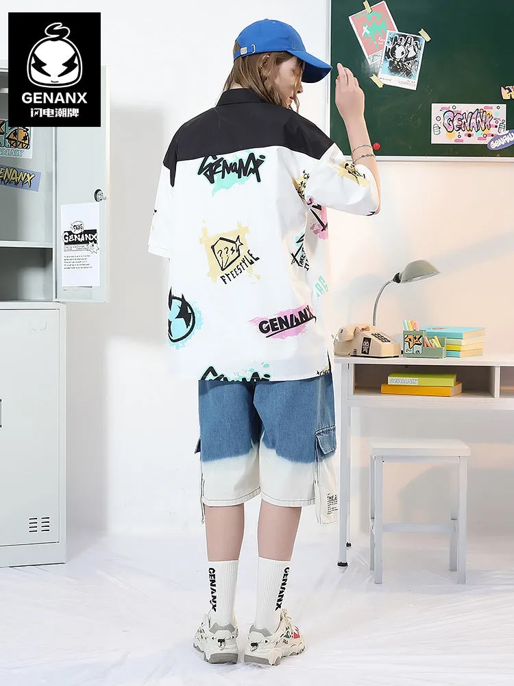 Color Block Graffiti Full Print Drop-Shoulder Sleeve Shirt