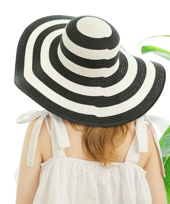 Elegant Black White Striped Straw Woven Holiday Floppy Sun Hat