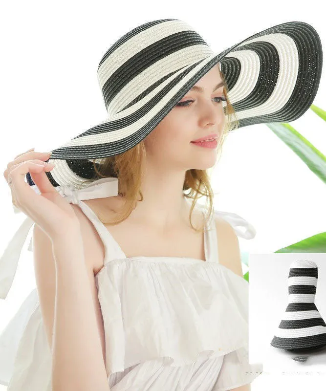 Elegant Black White Striped Straw Woven Holiday Floppy Sun Hat