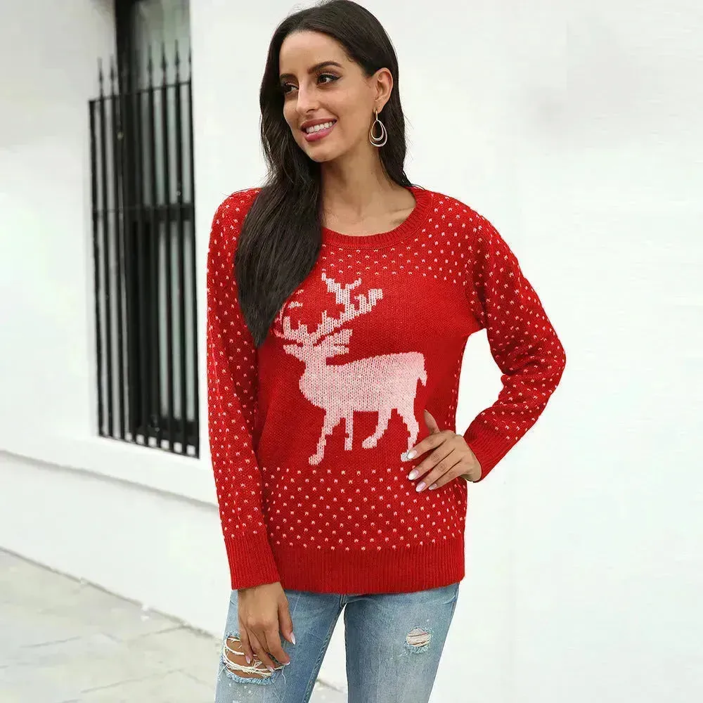 Fawn Reindeer jacquard christmas sweater Round neck women