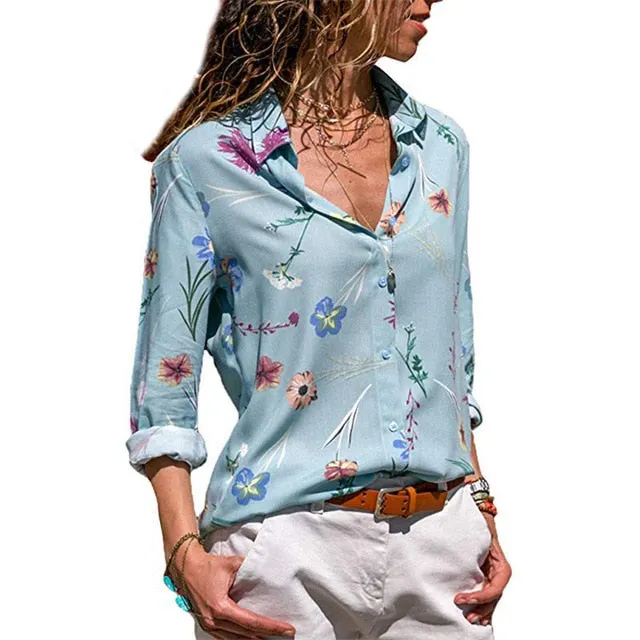 Floral Print Long Sleeve Turn Down Collar Blouse