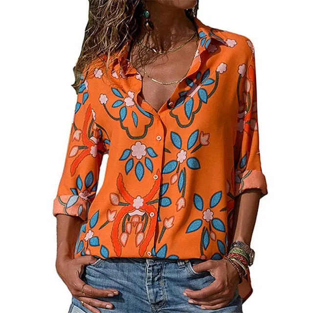 Floral Print Long Sleeve Turn Down Collar Blouse