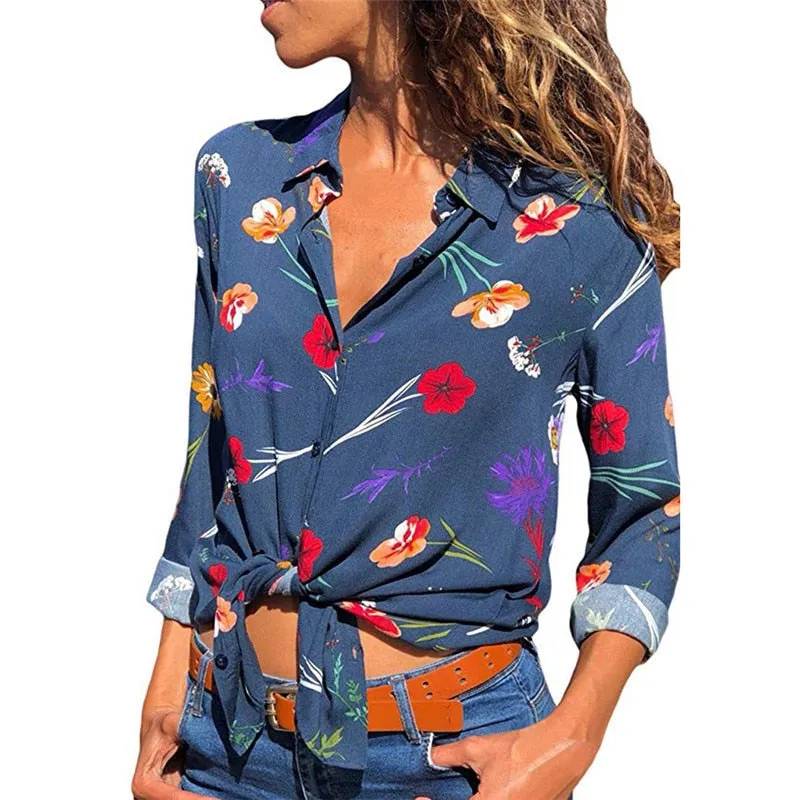 Floral Print Long Sleeve Turn Down Collar Blouse