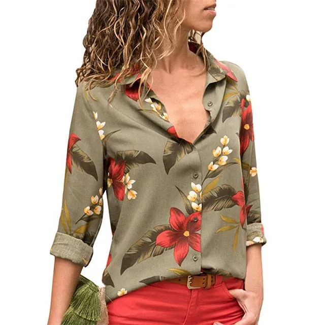 Floral Print Long Sleeve Turn Down Collar Blouse