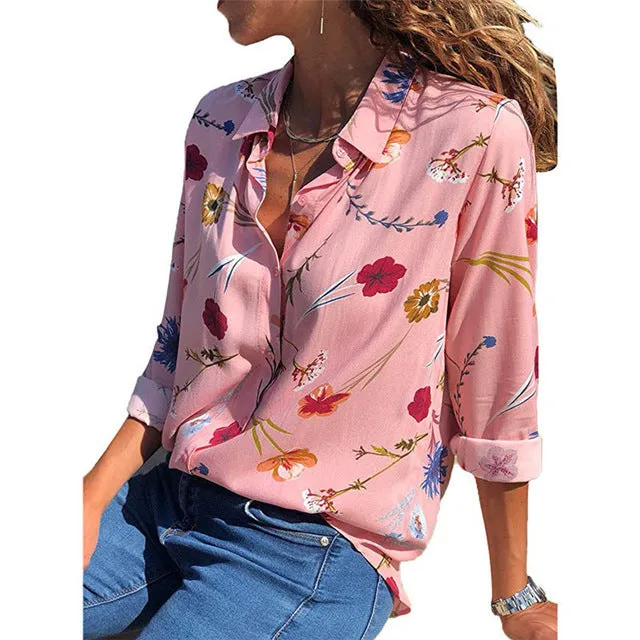 Floral Print Long Sleeve Turn Down Collar Blouse