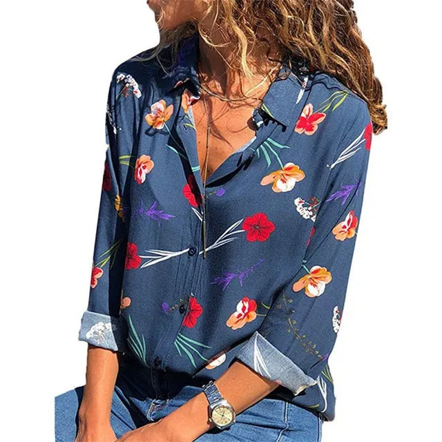 Floral Print Long Sleeve Turn Down Collar Blouse