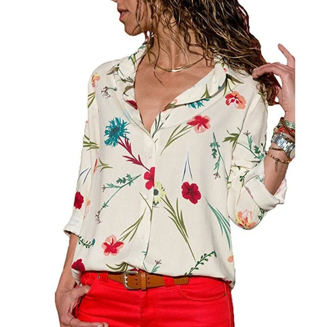 Floral Print Long Sleeve Turn Down Collar Blouse