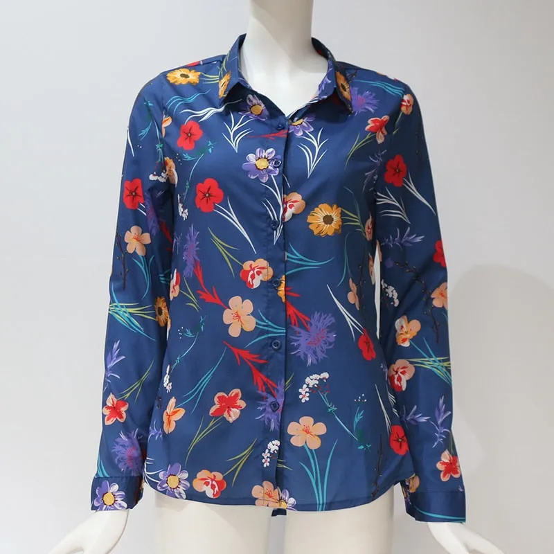 Floral Print Long Sleeve Turn Down Collar Blouse