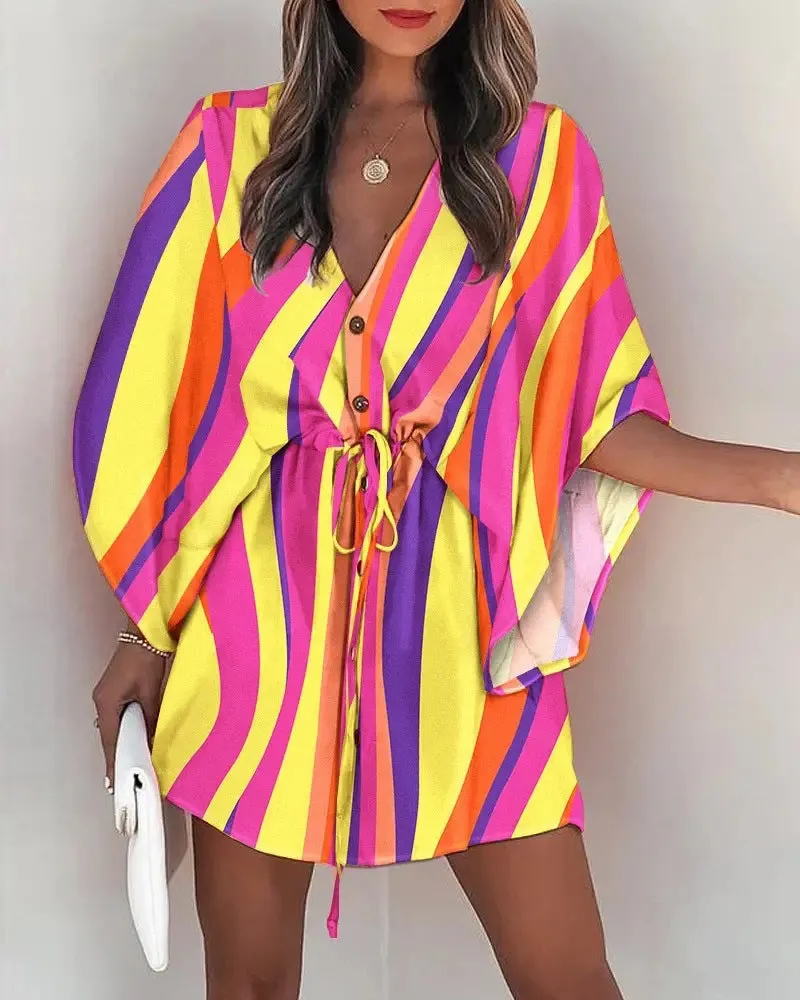 Flying sleeves printed beach dress