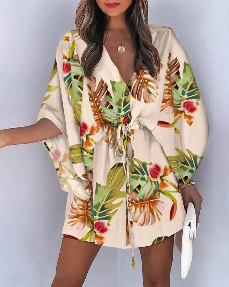 Flying sleeves printed beach dress