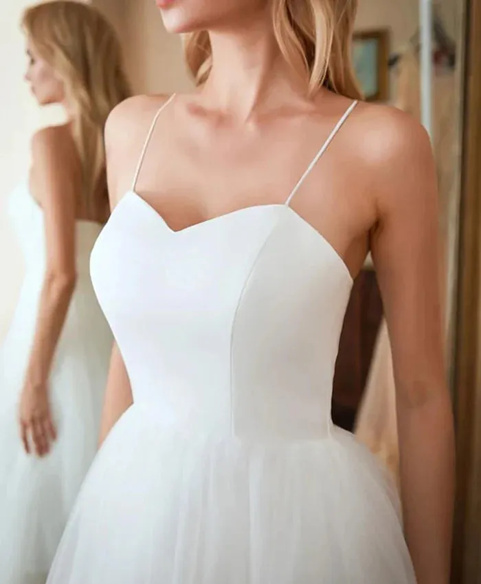 Ivory Simple Spaghetti Straps Satin Tulle Beach Wedding Dresses