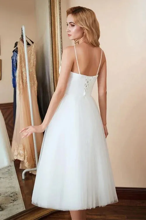 Ivory Simple Spaghetti Straps Satin Tulle Beach Wedding Dresses