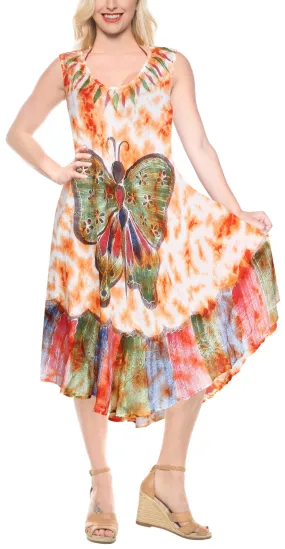 LA LEELA Rayon Tie Dye Swimsuit Cover Up Casual DRESS Beach Cover up OSFM 14-20 [L-2X] Orange_6134