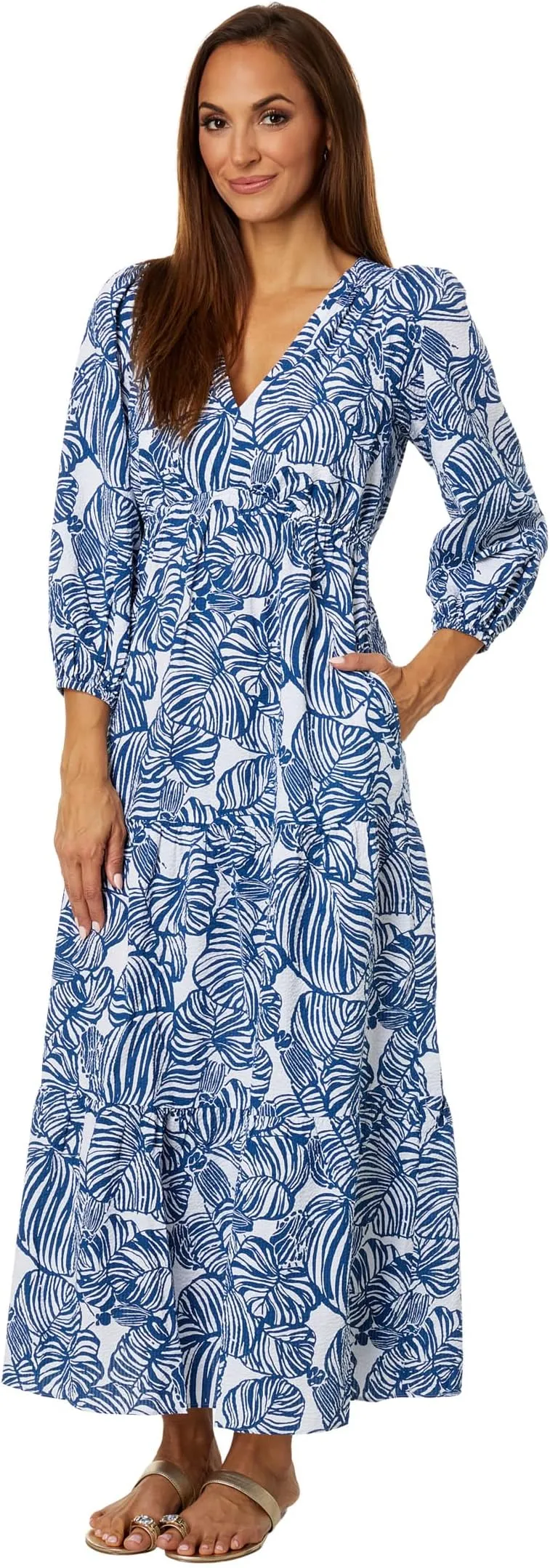 Lilly Pulitzer Deacon 3/4 Sleeve V-Neck Dress in Aegean Navy Beach Path