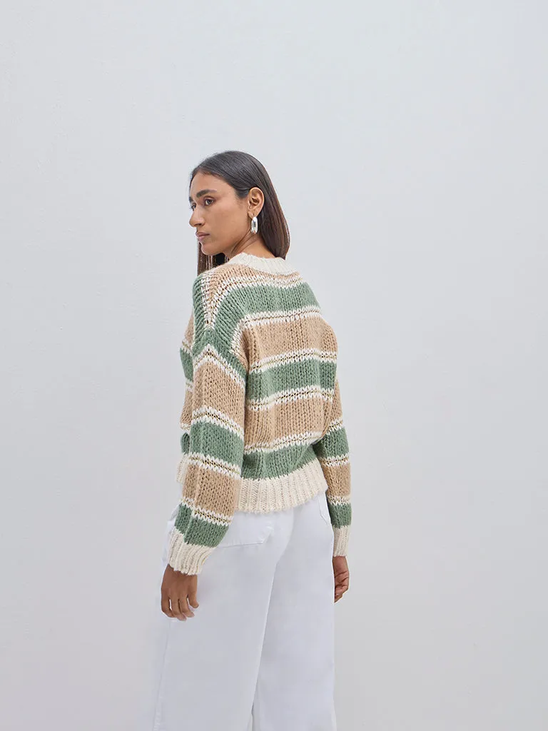 LOV Beige Colour-Blocked Crochet Sweater