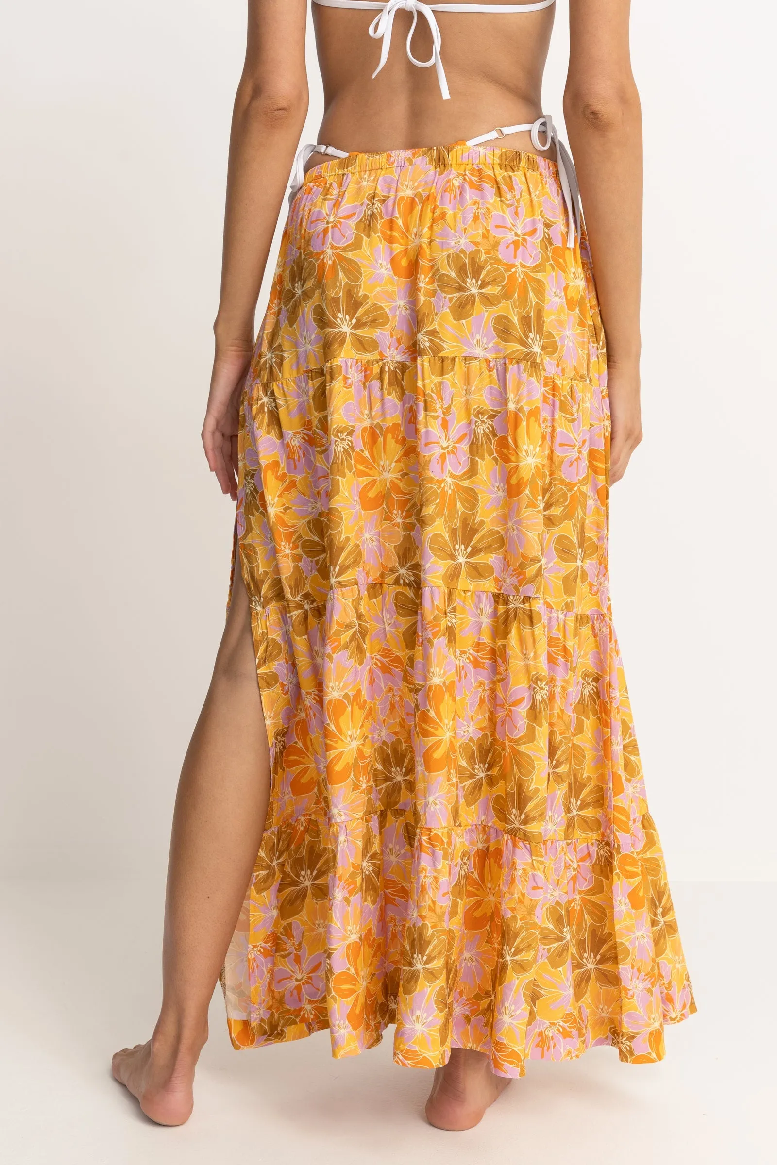 Mahana Floral Tiered Maxi Skirt Yellow