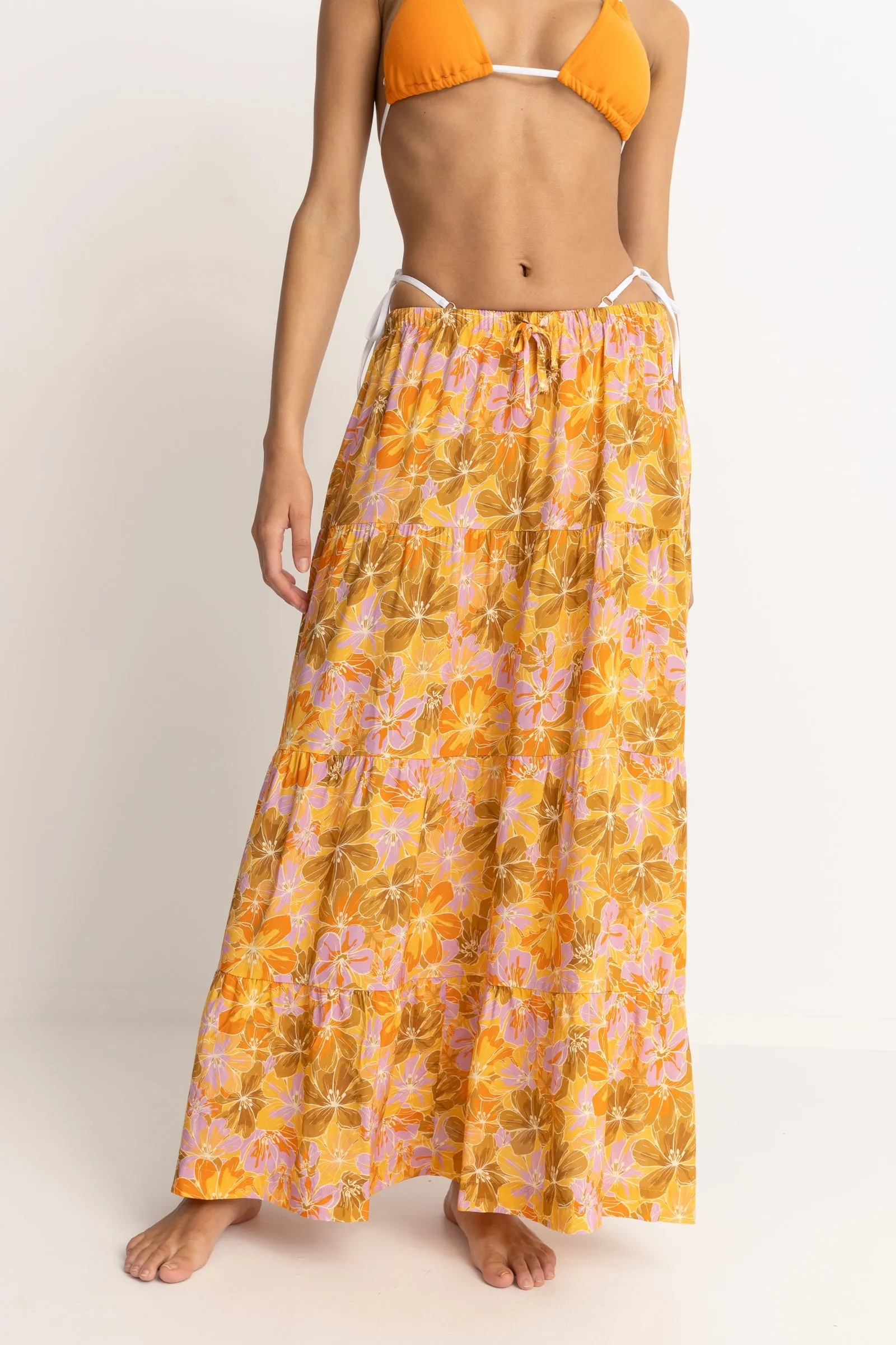 Mahana Floral Tiered Maxi Skirt Yellow