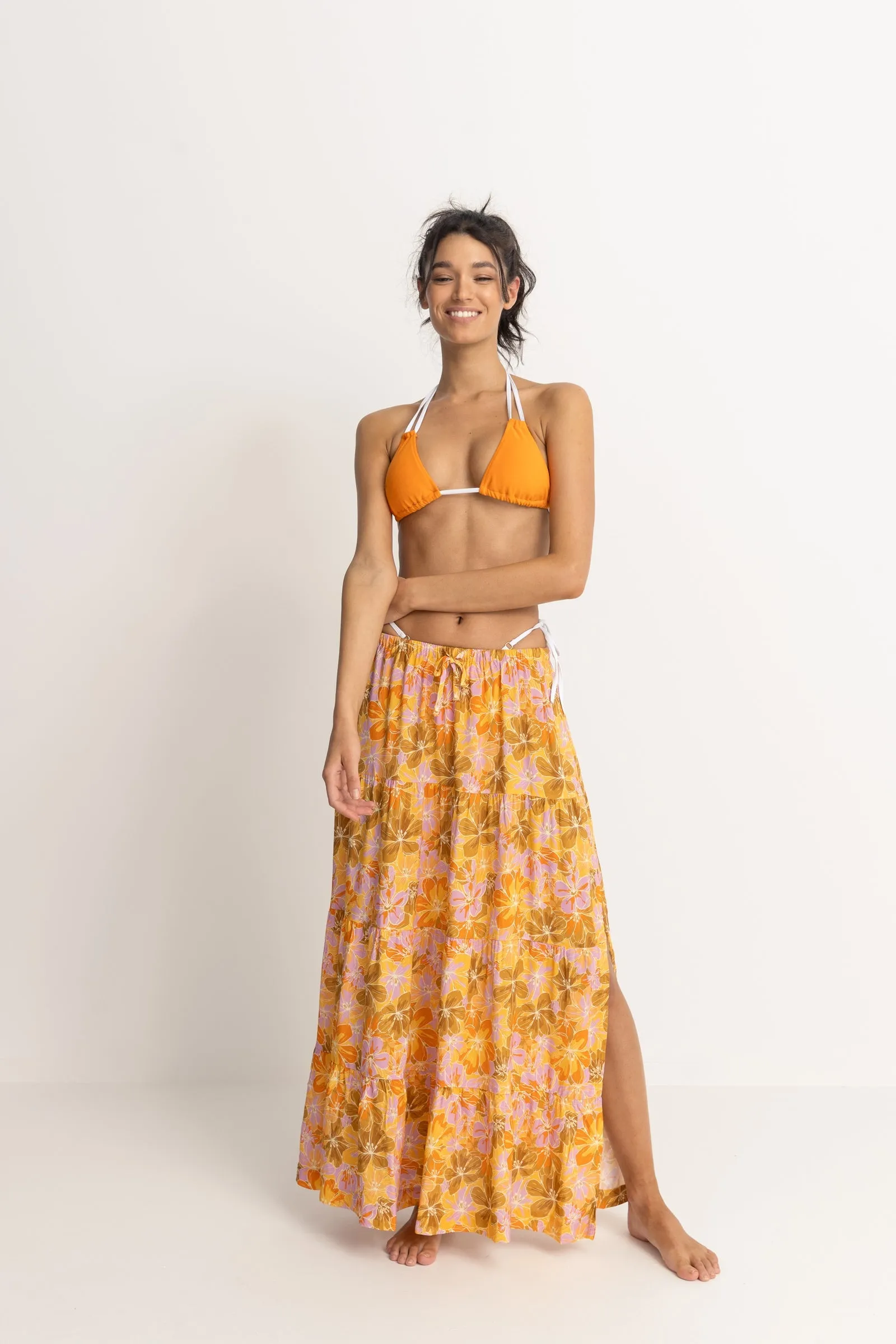 Mahana Floral Tiered Maxi Skirt Yellow