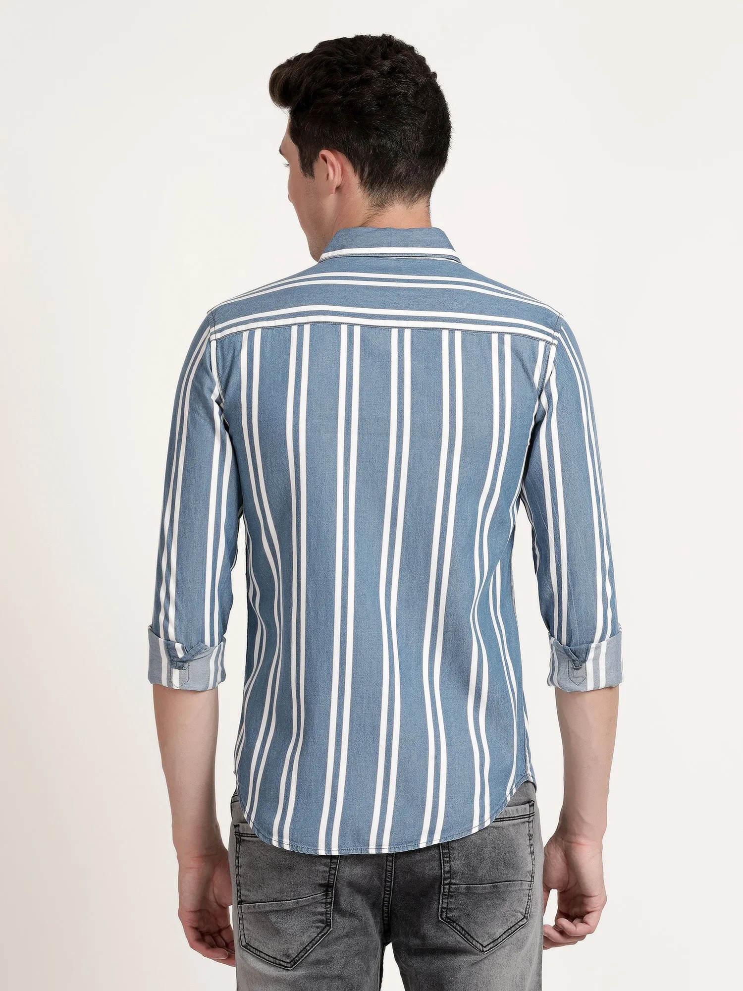 Men Blue Striped Semi Formal Shirt (GBRJ6013)