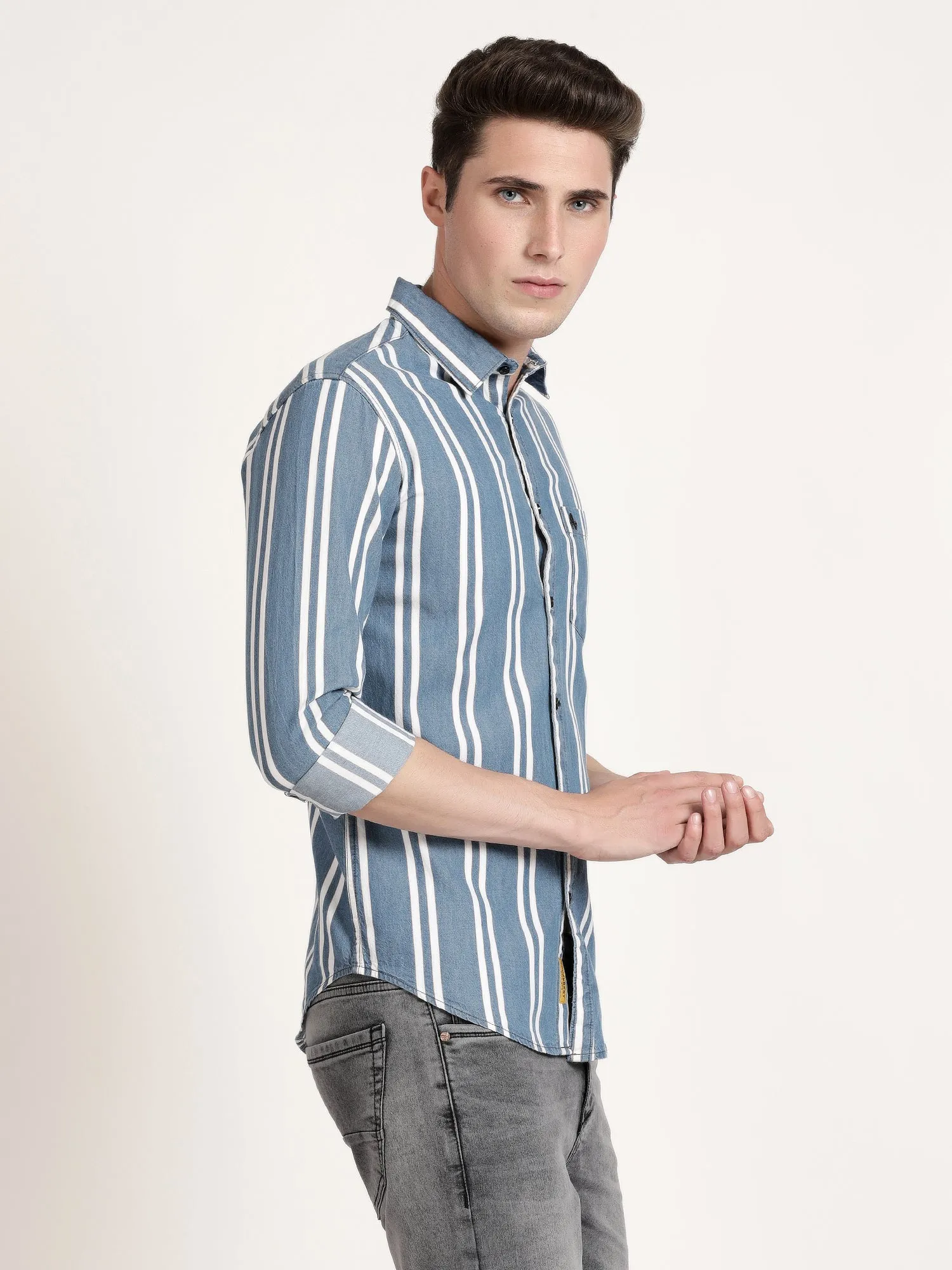 Men Blue Striped Semi Formal Shirt (GBRJ6013)