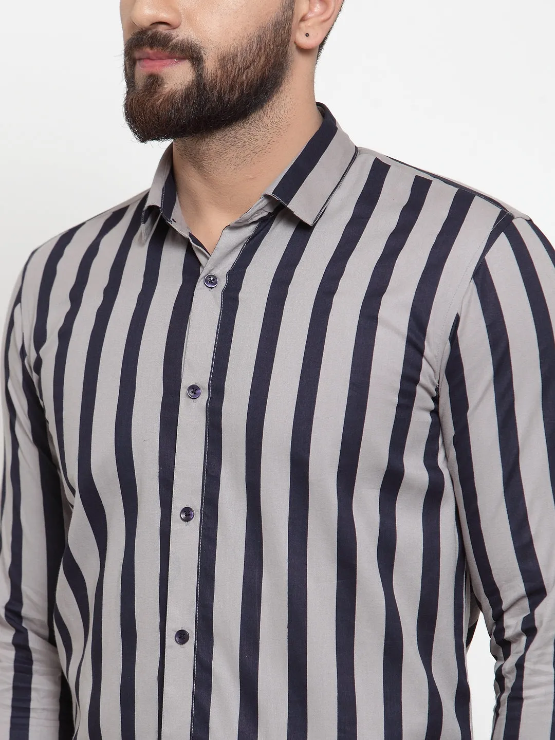 Men's Grey Cotton Striped Formal Shirts ( SF 744Grey ) - Jainish