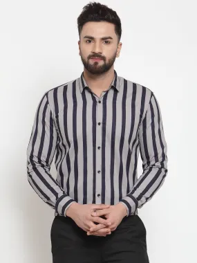 Men's Grey Cotton Striped Formal Shirts ( SF 744Grey ) - Jainish