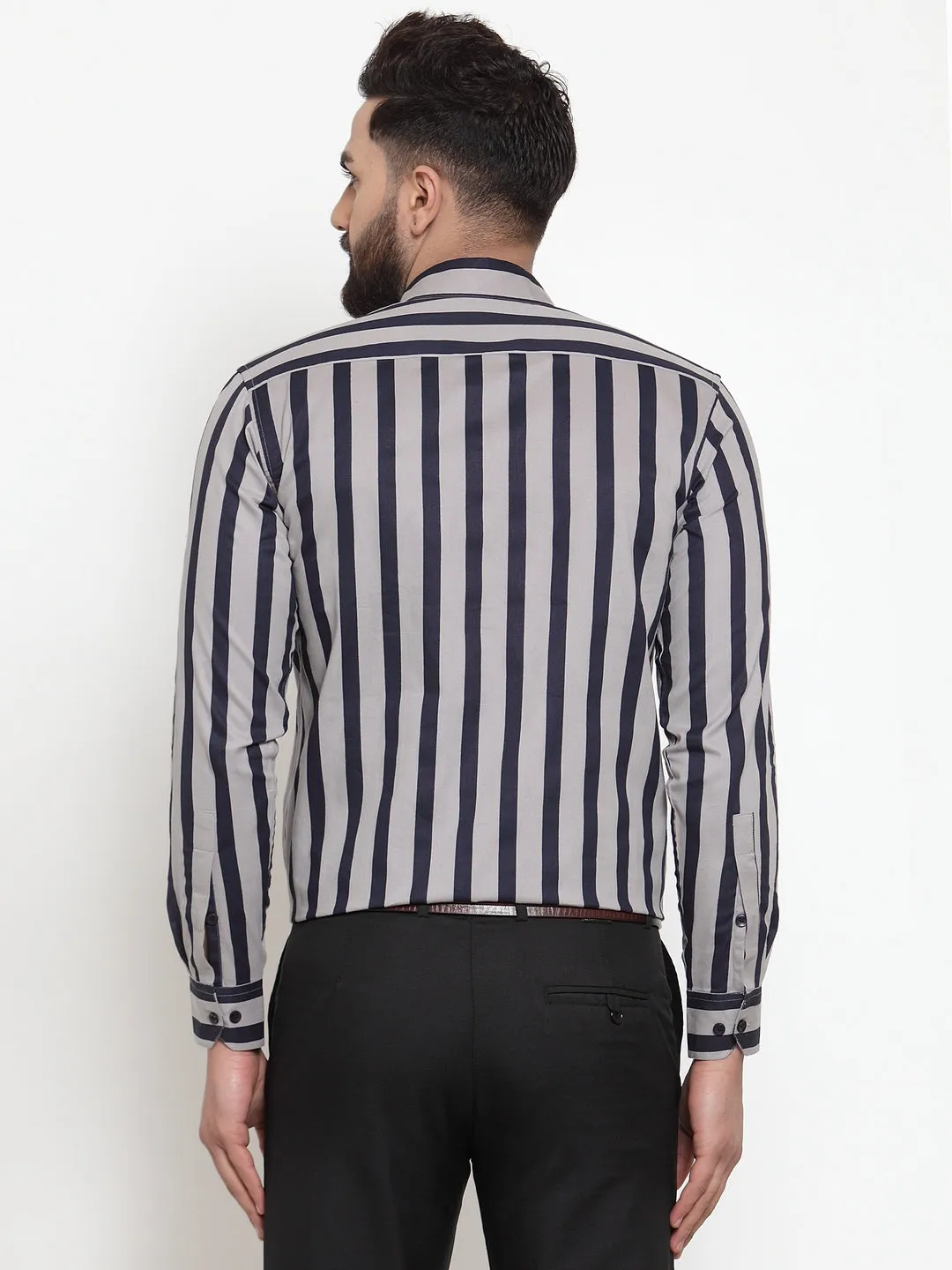 Men's Grey Cotton Striped Formal Shirts ( SF 744Grey ) - Jainish