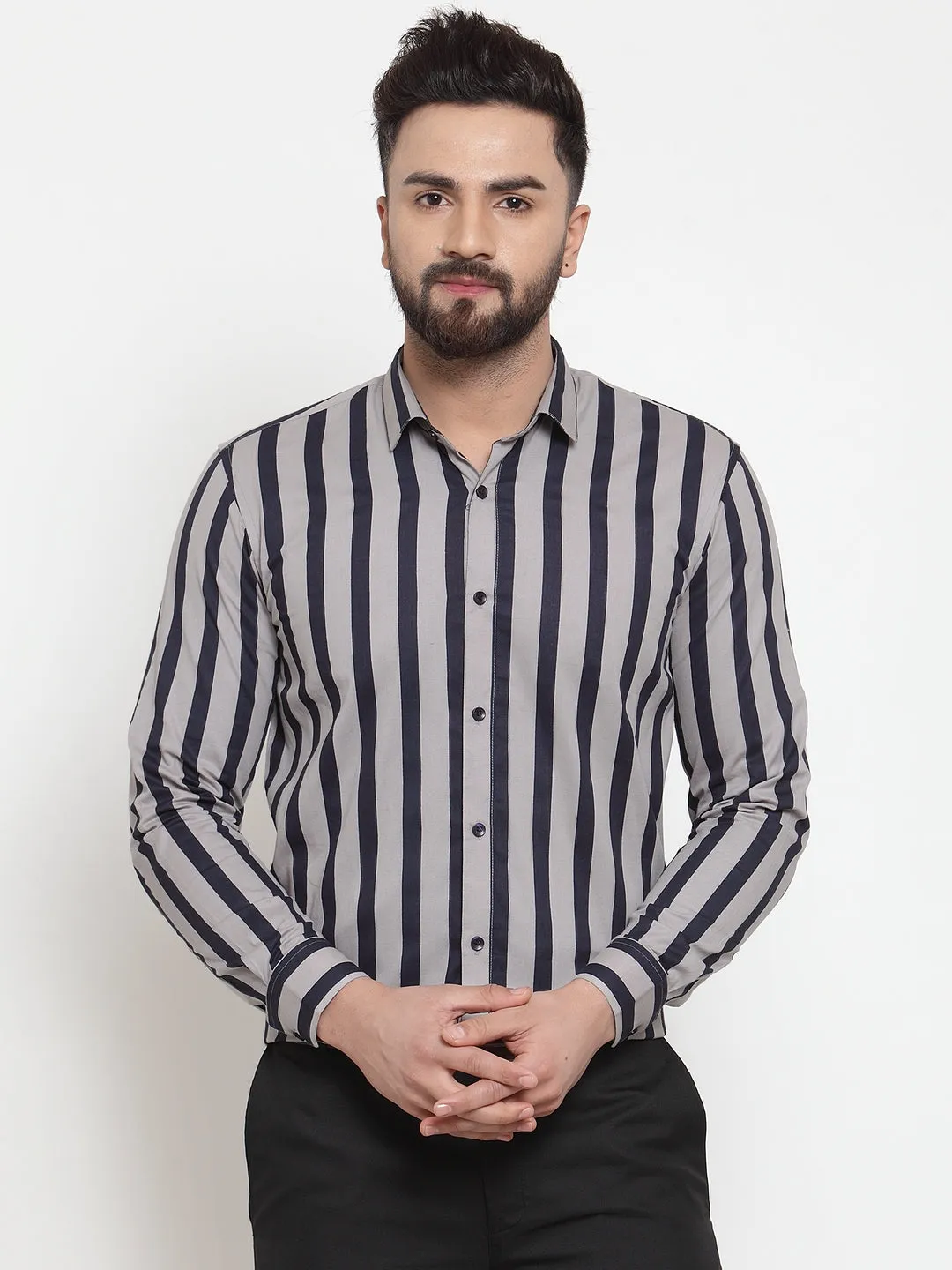 Men's Grey Cotton Striped Formal Shirts ( SF 744Grey ) - Jainish