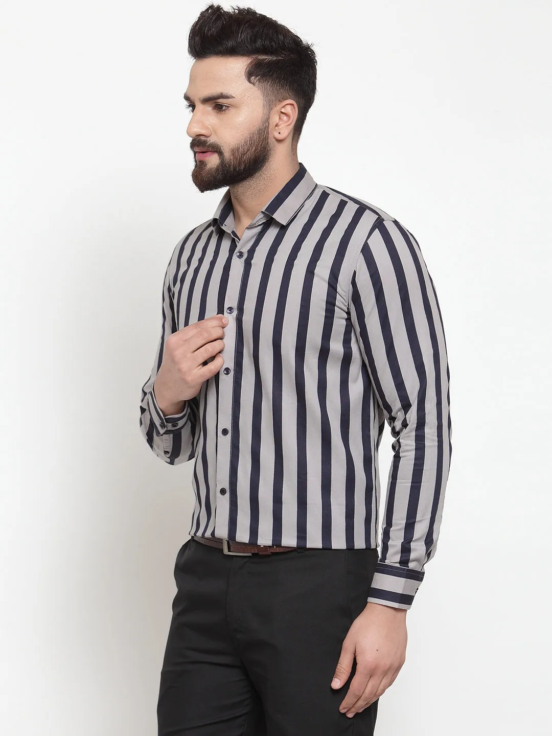 Men's Grey Cotton Striped Formal Shirts ( SF 744Grey ) - Jainish